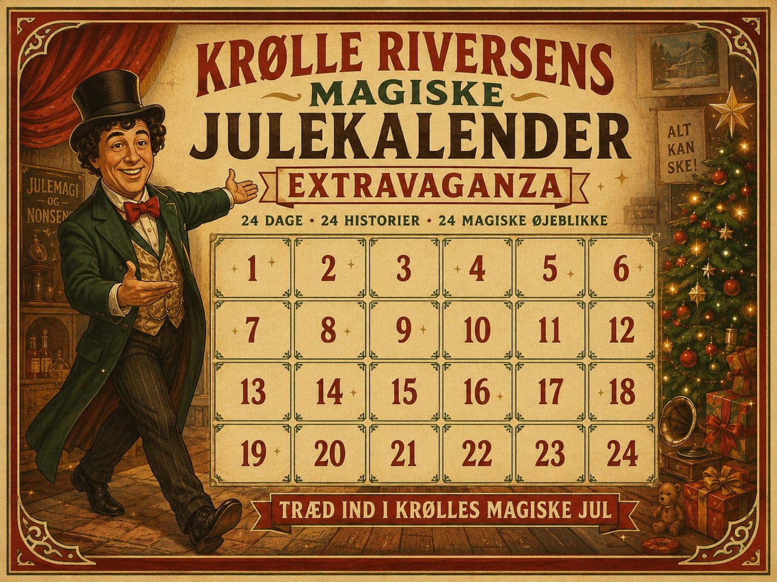 Krølle Riversens Julekalender — teaterversjon med ren 6×4-rutenett