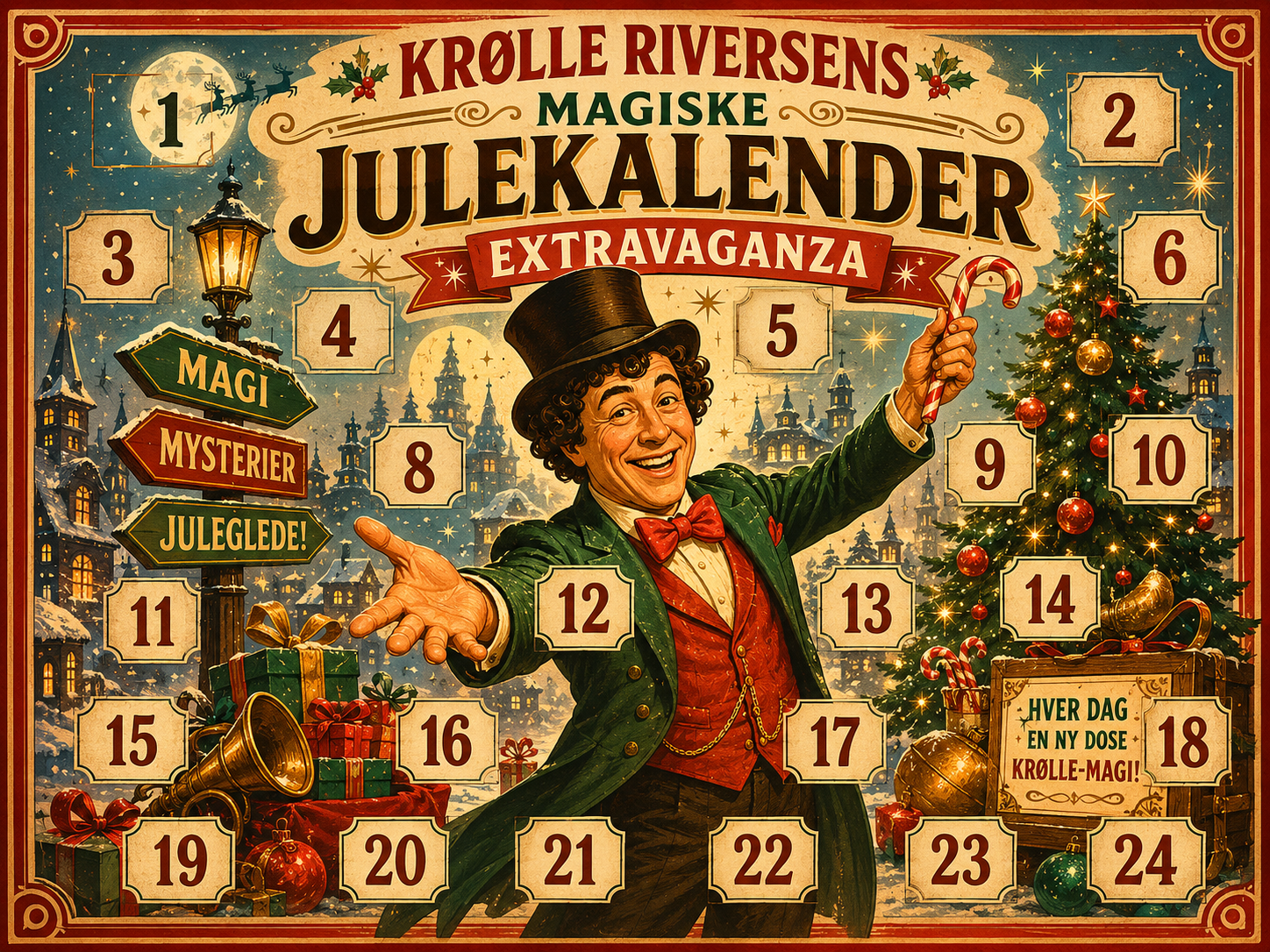 Krølle Riversens Julekalender — vinterversjon med kalenderluker spredt i snøscene