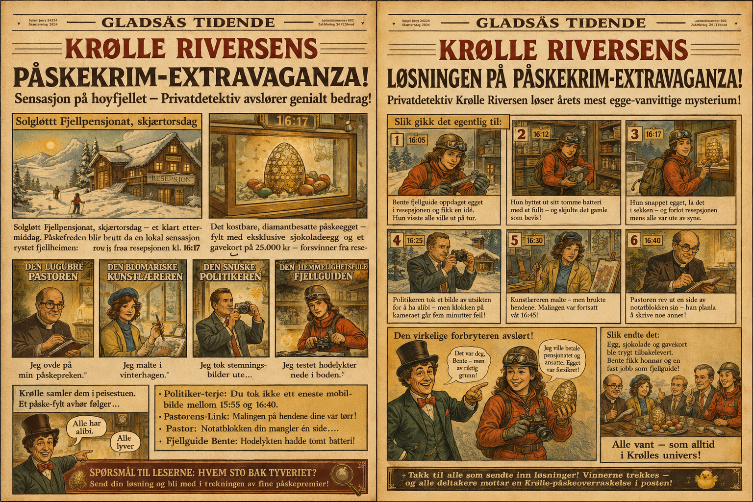 Krølle Riversens Påskekrim-Extravaganza versjon 2 — Gladsås Tidende dobbeltside med krim og løsning