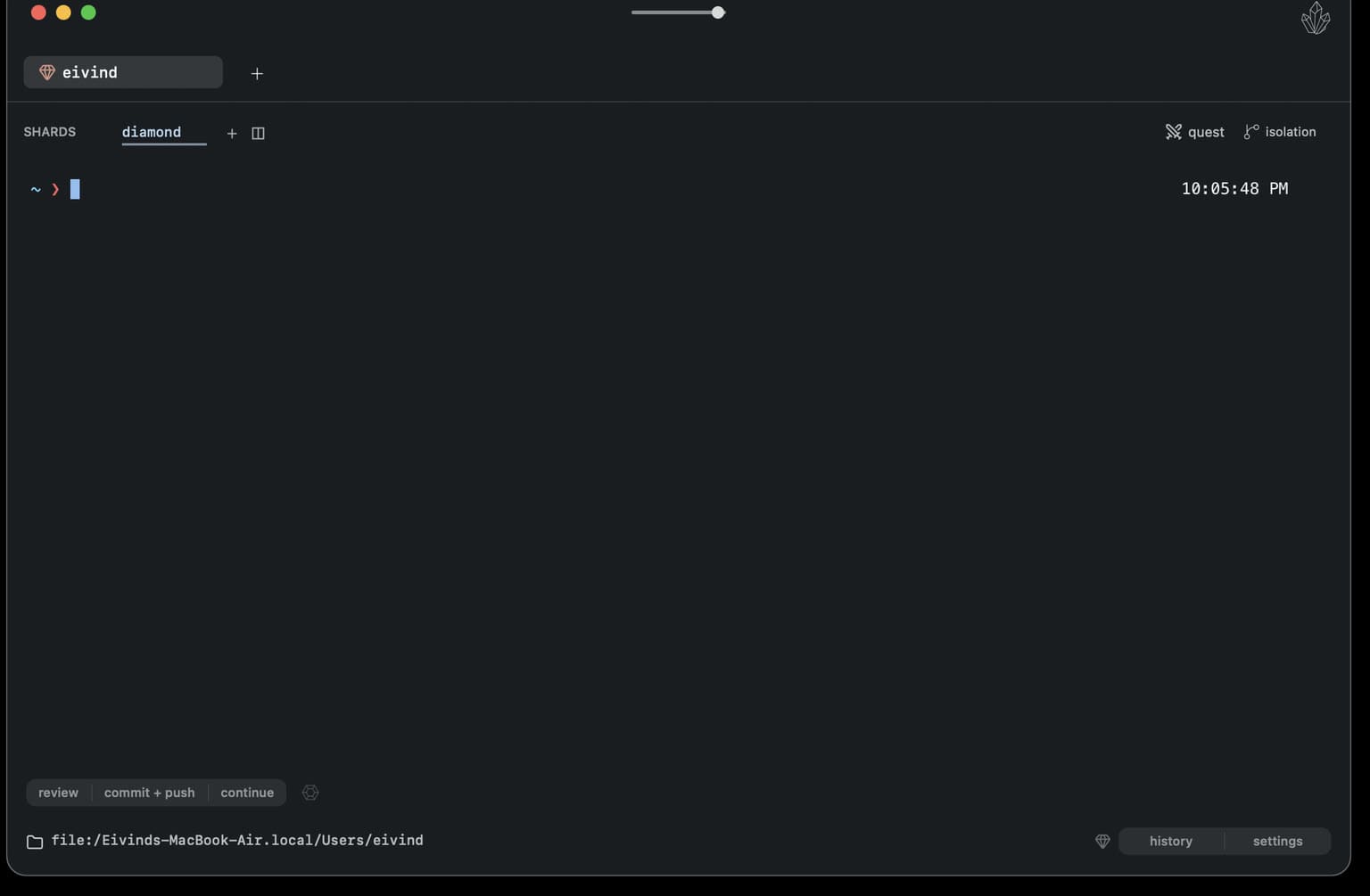 Crystl ved oppstart: ett prosjekt, én shard, knappene review, commit og continue nederst.